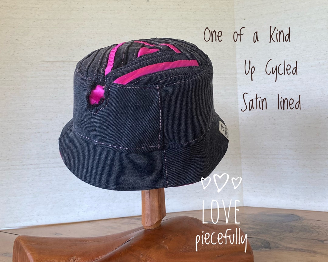 Small Bucket Hat Black Denim With Pink Accent Satin Lined Etsy