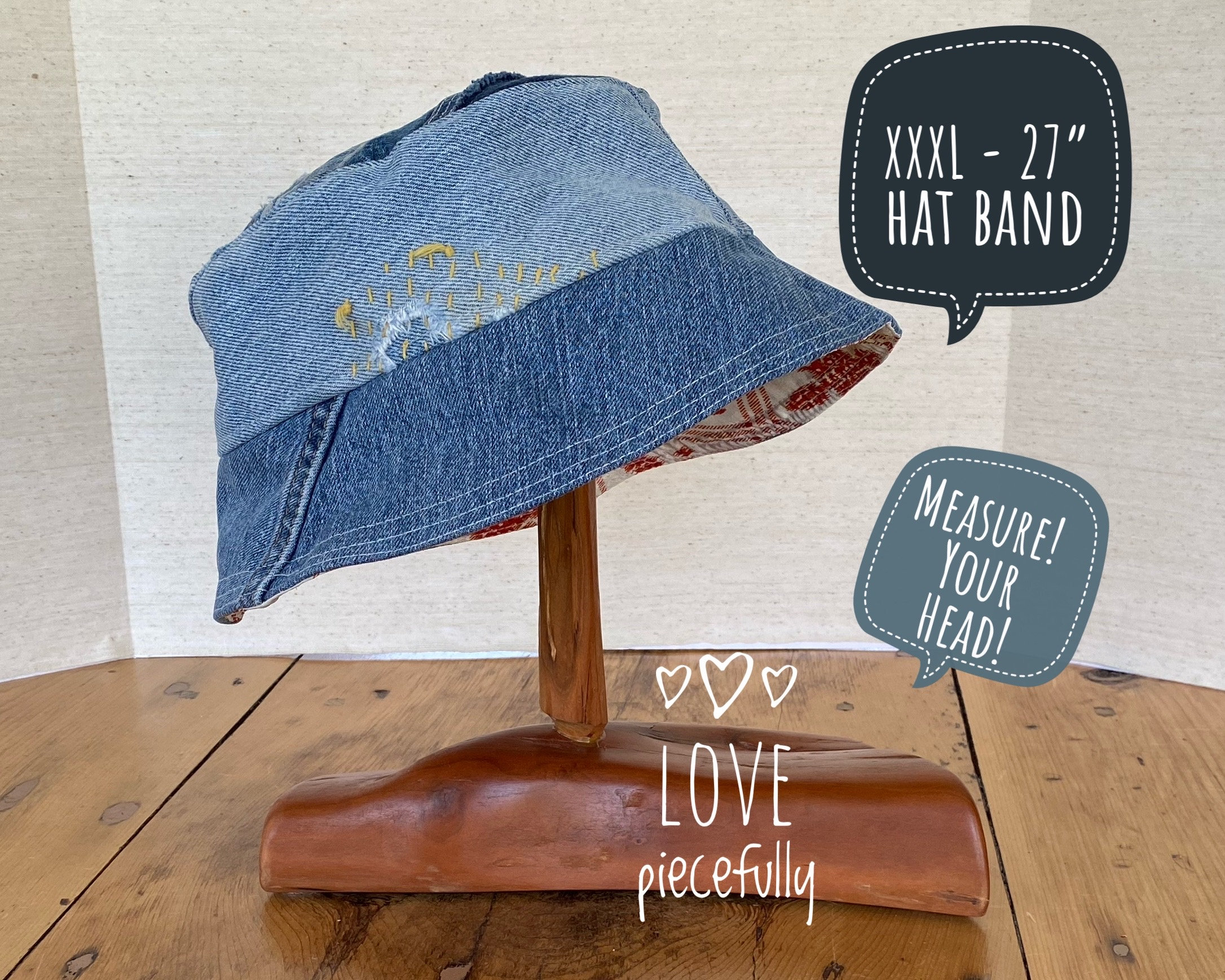 XXXL Bucket Hat, 27 Hat Band, Dread Lock Big Hair Hat, Unisex Urban Style,  Large Head, Eco Friendly Upcycled Repurposed Denim, Triple XL 