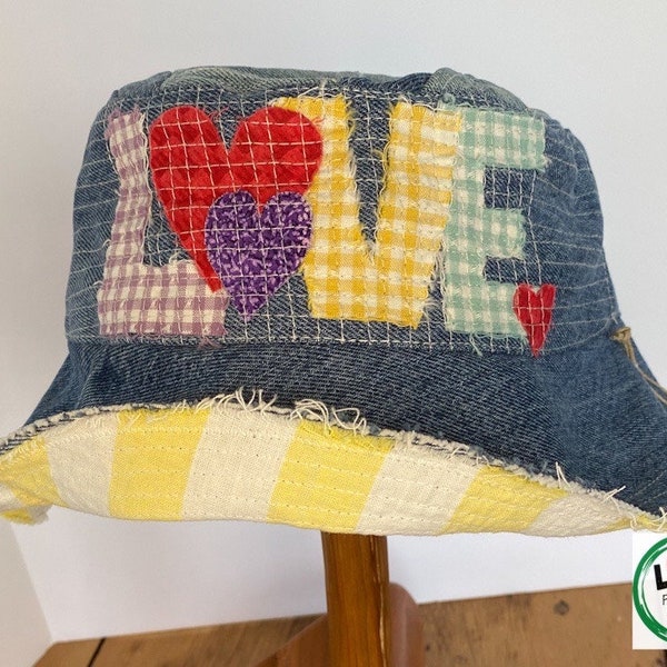 Denim Bucket Hat XL, LOVE Heart Appliqué, Distressed Patchwork Jeans, Upcycled and Handmade, Hippie Boho Style Festival Streetwear Hat