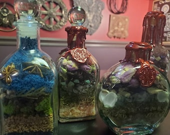 Könnte beinhalten: Vier klare Glasflaschen gefüllt mit geschichteten Naturelementen wie blauem Moos, getrockneten Blütenknospen, kleinen Steinen und Muscheln. Jede Flasche ist mit einem Glasstopfen oder rotem Wachs versiegelt, teilweise mit einem Wachssiegel.