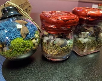 May include: A spherical glass ornament filled with blue and green moss and small stones, alongside two small glass jars sealed with red wax, containing dried herbs, small white stones, and seashells, arranged in a horizontal row.