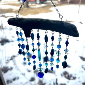 Great Lakes Natural & Upcycled Handmade Beachy Boho Coastal Hanging Beaded Driftwood Light Catcher Suncatcher Blue