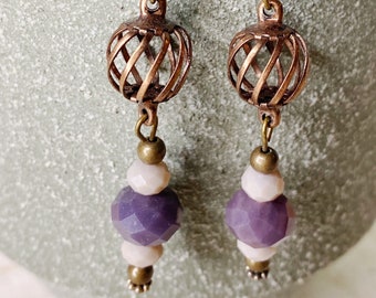 Copper and purple dangle earrings