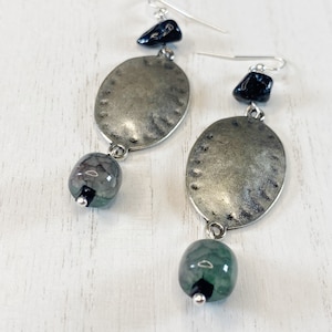 Distressed Metal and Jet Gemstone Dangle Earrings