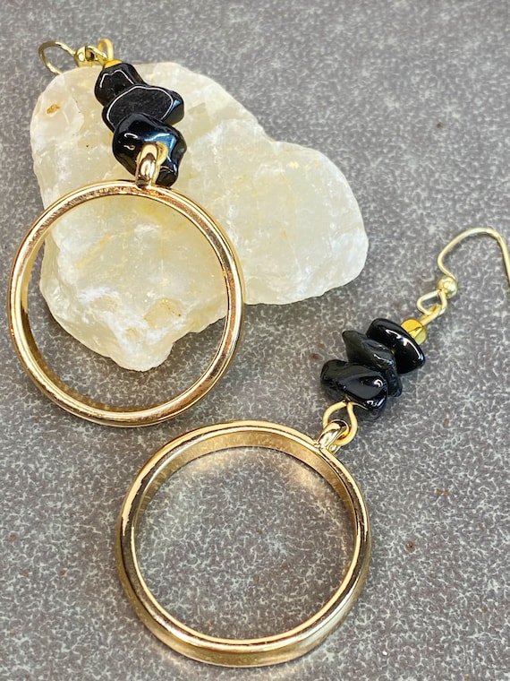 Boho Thick Gold Hoop Earrings With Jet Gemstone Chips