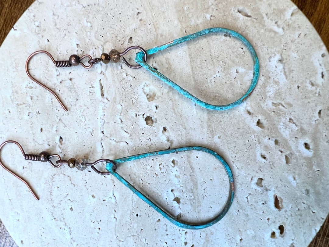 •MINI TEARDROP• patina dipped brass hoop earrings