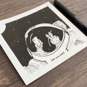Space Selfie - Original Ink Artwork on Watercolor Paper, unframed