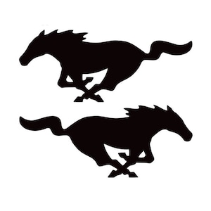 May include: Two black silhouettes of running horses against a white background. The horses are depicted in a dynamic pose, with their legs extended and manes flowing, suggesting speed and motion. The image is a graphic representation of a horse.