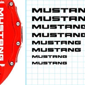 May include: A close-up of a red Mustang brake caliper with the word "MUSTANG" in white lettering. The image also shows multiple instances of the word "MUSTANG" in black, arranged vertically on a grid background.