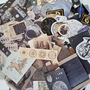 May include: A collection of vintage-style paper ephemera featuring celestial and astrological imagery. The ephemera includes illustrations of moons, stars, constellations, and celestial bodies. The ephemera is printed on various shades of brown, black, and white paper.