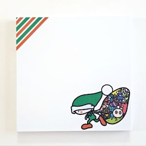 May include: A green and white elf carrying a large bag filled with colorful doodles. The elf is wearing a green hat with a white pom-pom and red shoes.