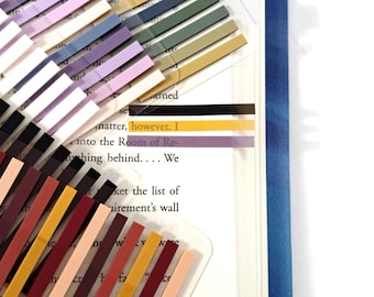 May include: A collection of colorful sticky page markers in various shades of purple, pink, yellow, green, and black. The markers are placed on a book with text visible. The text includes the words "matter, however. I" and "into the Room of Re-".