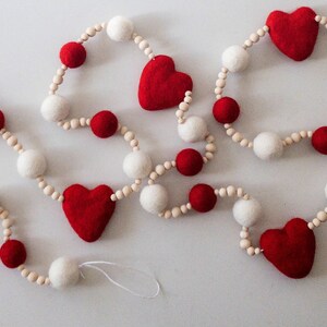 Heart Felt Ball and Wood Bead Garland, Red and Ivory, Farmhouse, Rustic, Valentines Day, Holiday, Various Sizes Available