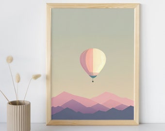 Softly Floating Hot Air Balloon, Picturesque Minimalist Landscape, Vintage Art Print, Digital Painting, Download + Print