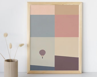 Softly Floating Hot Air Balloon, Picturesque Minimalist Landscape, Vintage Art Print, Digital Painting, Download + Print