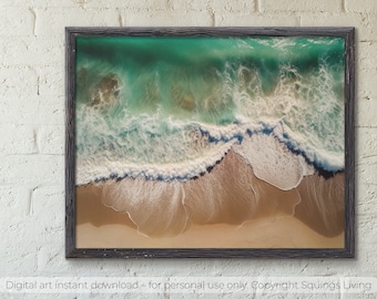 Ocean Print, Beach Aerial View, Waves Printable Art, Abstract Wall Art, Surf, Sea Poster, Digital Download, Blue Coastal Print, Beach