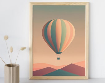 Softly Floating Hot Air Balloon, Picturesque Minimalist Landscape, Vintage Art Print, Digital Painting, Download + Print
