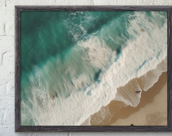 Ocean Print, Beach Aerial View, Waves Printable Art, Abstract Wall Art, Surf, Sea Poster, Digital Download, Blue Coastal Print, Beach