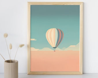 Softly Floating Hot Air Balloon, Picturesque Minimalist Landscape, Vintage Art Print, Digital Painting, Download + Print