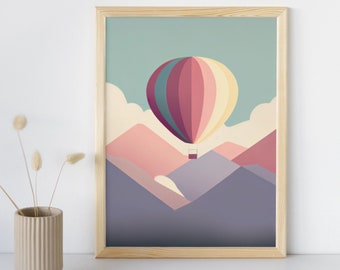 Softly Floating Hot Air Balloon, Picturesque Minimalist Landscape, Vintage Art Print, Digital Painting, Download + Print