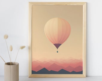 Softly Floating Hot Air Balloon, Picturesque Minimalist Landscape, Vintage Art Print, Digital Painting, Download + Print