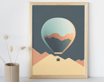 Softly Floating Hot Air Balloon, Picturesque Minimalist Landscape, Vintage Art Print, Digital Painting, Download + Print