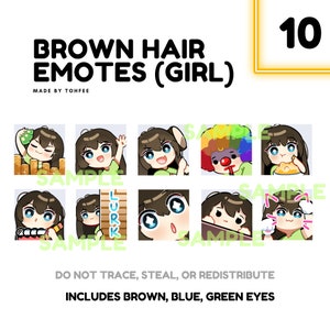 May include: Set of 10 digital illustrations of a girl with brown hair and different facial expressions. The girl has brown, blue, and green eyes. The illustrations are in a cartoon style.