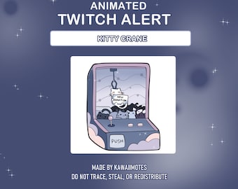 Puede incluir: Gráfico animado de alerta de Twitch con una máquina de garras etiquetada como "Kitty Crane". La máquina tiene un esquema de color azul claro y rosa con un letrero de "New Donation" sostenido por un gato. El texto "PUSH" es visible.