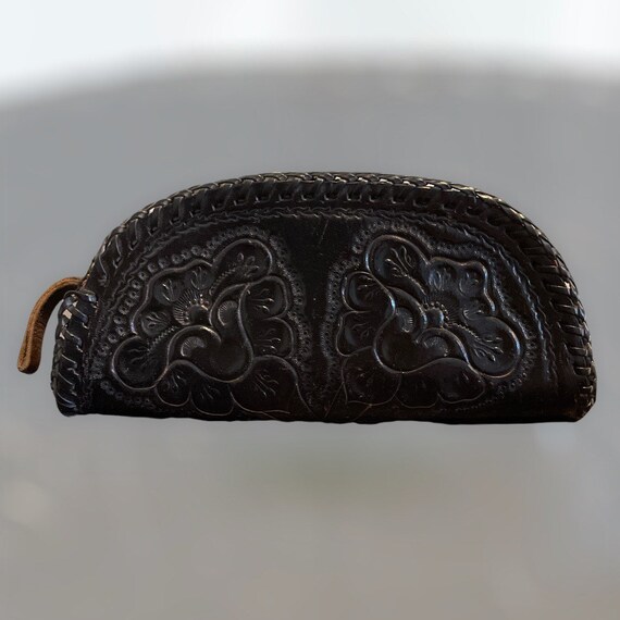 Vintage engraved black leather coin purse bag by … - image 1