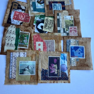 May include: A selection of handmade collage art pieces. Each piece features vintage postage stamps, sheet music, and patterned paper, mounted on a textured, brown paper backing. Stamps from Australia, Kenya, and New Zealand are visible.
