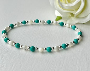 Minimalist Turquoise Bracelet, Dainty Jewellery with Mother of Pearl and Silver, Crystal Healing Energy for Peace and Calm