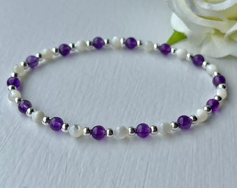 Minimalist Amethyst Bracelet, Dainty Jewellery with Mother of Pearl and Silver, Crystal Healing Energy for Depression and Grief