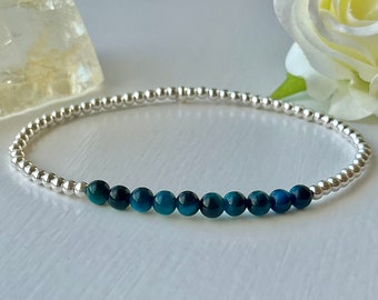 Blue Tigers Eye Bracelet, Dainty Stacking Charm Bracelet, Blue Crystal Healing Bracelet