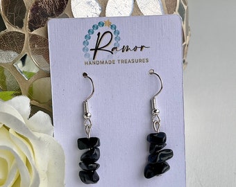 Black Obsidian Dangly Earrings, Genuine Crystal Chips Nuggets Earrings for Pierced Ears, Protection and Grounding