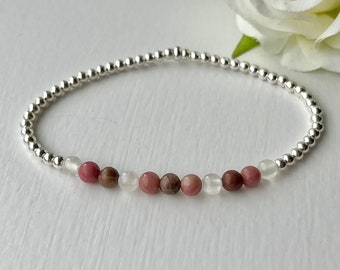 Dainty Crystal Healing Bracelet, Anxiety and Stress Relief, Rhodochrosite, Rhodonite and Selenite, Minimalist Jewellery