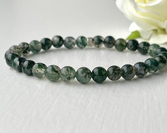 Moss Agate Bracelet, Green Crystal Healing Bracelet, Genuine Beaded Gemstone Jewellery for Emotional Balance and Tranquility