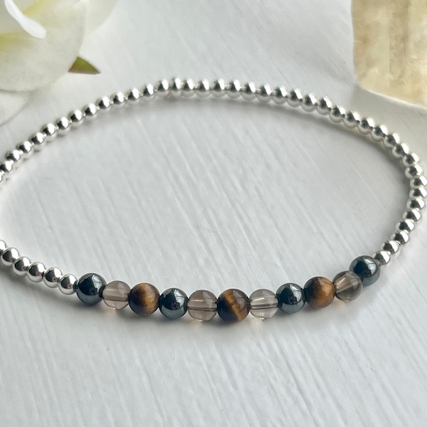 Minimalist Protection Bracelet, Grounding Crystal Healing Jewellery, Hematite, Smokey Quartz and Tigers Eye Gemstones