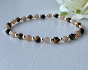 Confidence Crystal Healing Bracelet, Tigers Eye and Sunstone Dainty Jewellery, Grounding Energy