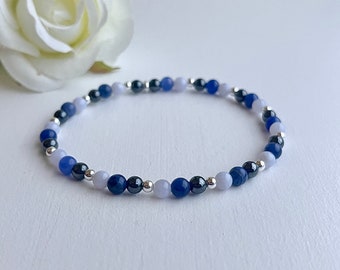 Calming and Grounding Crystal Bracelet, Sodalite, Blue Lace Agate and Hematite, Crystal Healing for Soothing Worries and Negativity