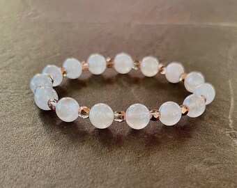 White Jade Bracelet with Czech Fire Polished Crystals, White Handmade Beaded Gemstone Jewellery (Earrings Sold Separately)
