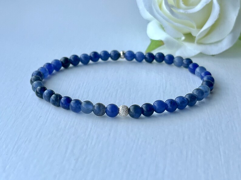 Sodalite Bracelet, Mini Gemstone Bracelet, Crystal Healing Bracelet, Blue Dainty Jewellery, Calming, Self-Intuition, Speak Truth image 1