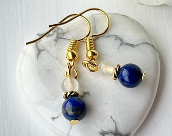 Lapis Lazuli Crystal Earrings, Blue and Gold Dangly Earrings, Valentines Jewellery for Her