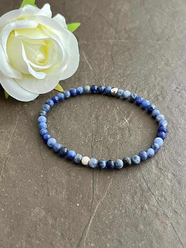 Sodalite Bracelet, Mini Gemstone Bracelet, Crystal Healing Bracelet, Blue Dainty Jewellery, Calming, Self-Intuition, Speak Truth image 4