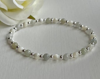 Minimalist Crystal Healing Bracelet, Jadeite and Mother of Pearl, Dainty Bridal Jewellery with Gemstones