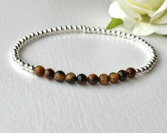 Tigers Eye and Silver Bracelet, Strength and Self Confidence, Minimalist Crystal Healing Jewellery, Valentines Bracelet for Her