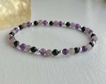 Purple and Black Crystal Bracelet, Amethyst, Lepidolite and Onyx Bracelet, Crystal Healing Jewellery, Helps with Depression and Grief