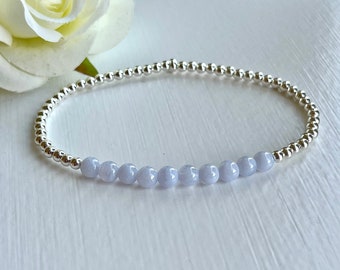 Blue Crystal Bracelet, Blue Lace Agate, Minimalist Gemstone Beaded Bracelet, Inner Peace, Something Blue Bridal Bracelet