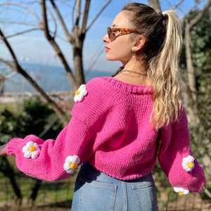 Chunky Knit Cardigan Handmade Oversized Sweater Daisy 3D Cardigan Crochet Flower Cardigan Puffy Floral Sweater image 1