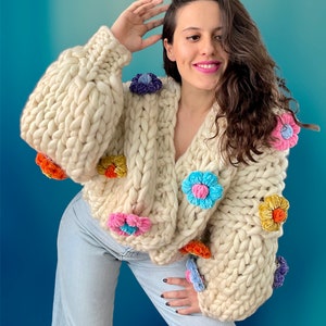 Chunky Knit Cardigan Handmade Oversized Sweater Colorful Cardigan Puffy Floral Sweater and Customized Design Sale image 8