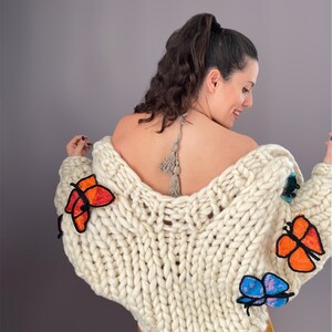 Chunky Knit Butterfly Cardigan Handmade Oversized Sweater Crochet Butterfly Pattern Multicolored Wool Puff Sleve Gift For Women image 8